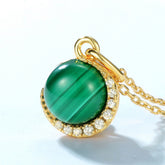 Round Malachite Zircon Crescent Moon Sterling Silver Pendant
